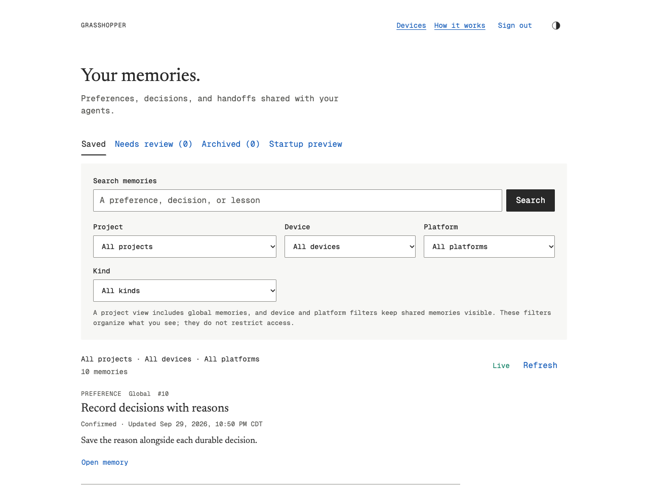 Grasshopper desktop memory view with a Devices link, memory tabs, filters and invented example memories.
